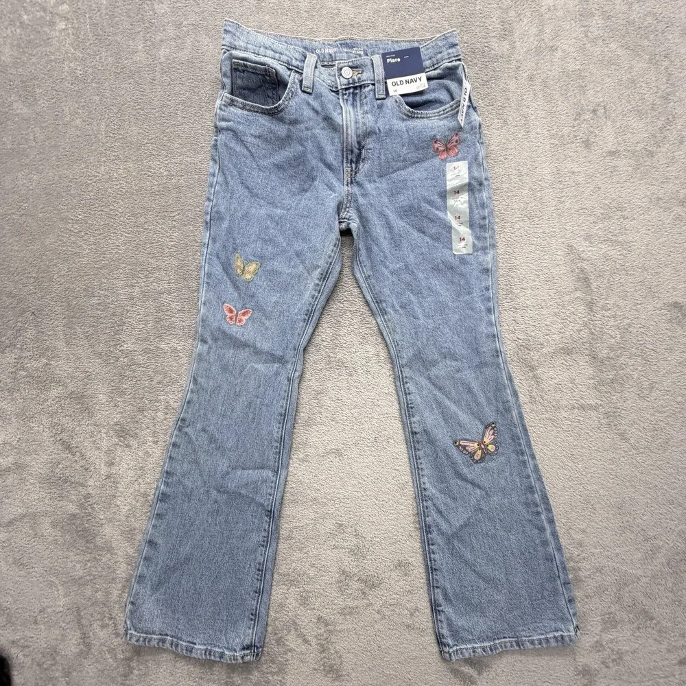 Old Navy Jeans Girls 14 Blue Flared High-Rise Adjustable Waist Embroidered
